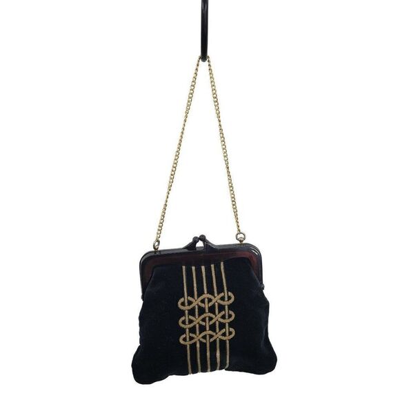 1940's Evening Bag Velvet Art Deco Mid Modern Century Asian Framed Kiss Black - Picture 13 of 13